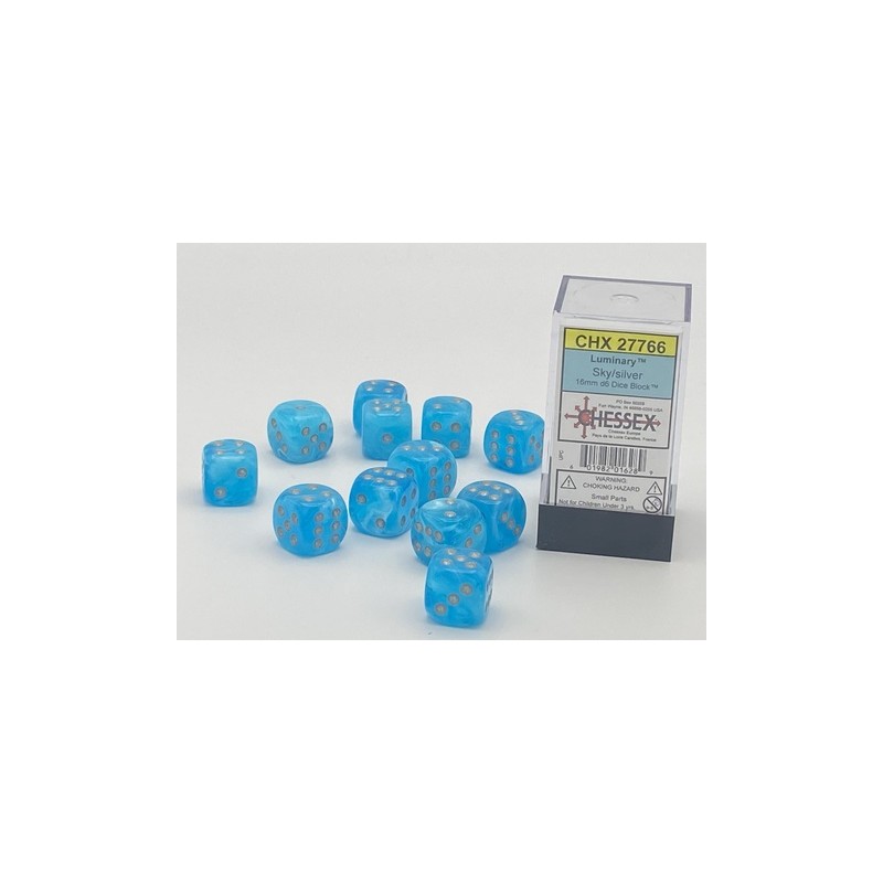 Luminary™ 16mm d6 Sky/silver Dice Block™ (12 dice)