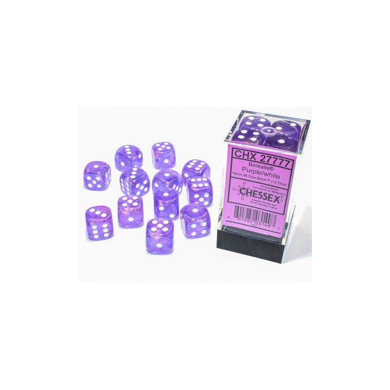 Borealis® 16mm d6 Purple/white Luminary™ Dice Block™ (12 dice)