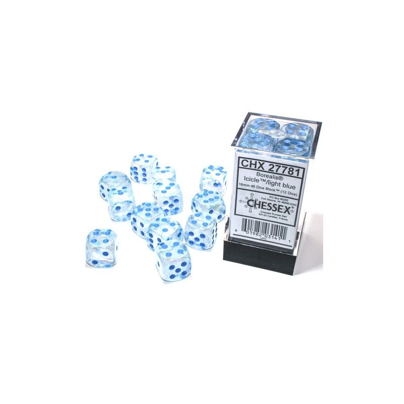 Borealis® 16mm d6 Icicle™/light blue Luminary™ Dice Block™ (12 dice)