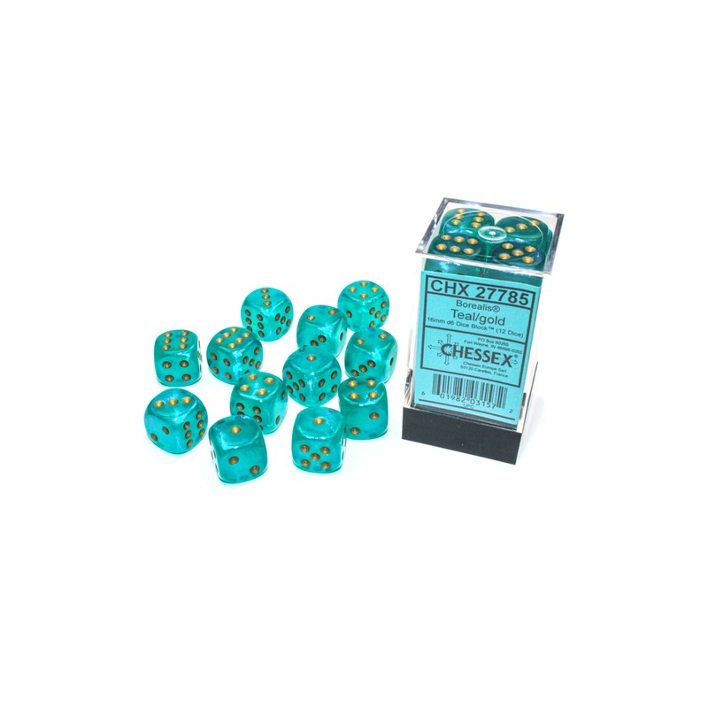 Borealis® 16mm d6 Teal/gold Luminary™ Dice Block™ (12 dice)