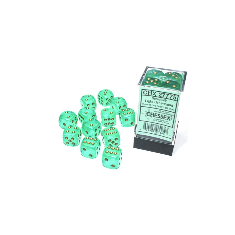 Borealis® 16mm d6 Light Green/gold Luminary™ Dice Block™ (12 dice)