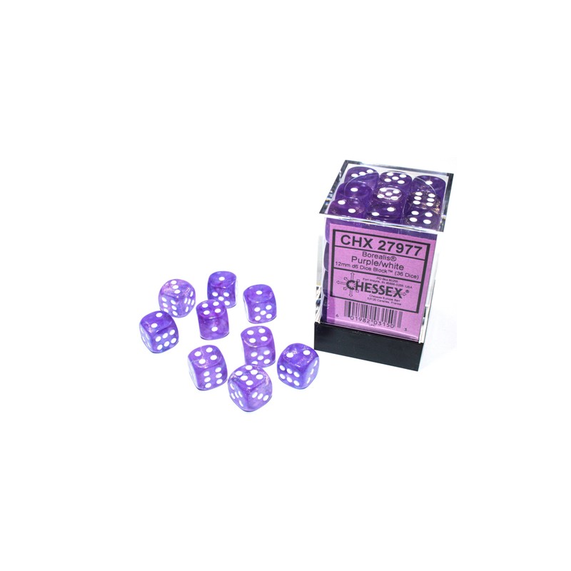 Borealis® 12mm d6 Purple/white Luminary™ Dice Block™ (36 dice)