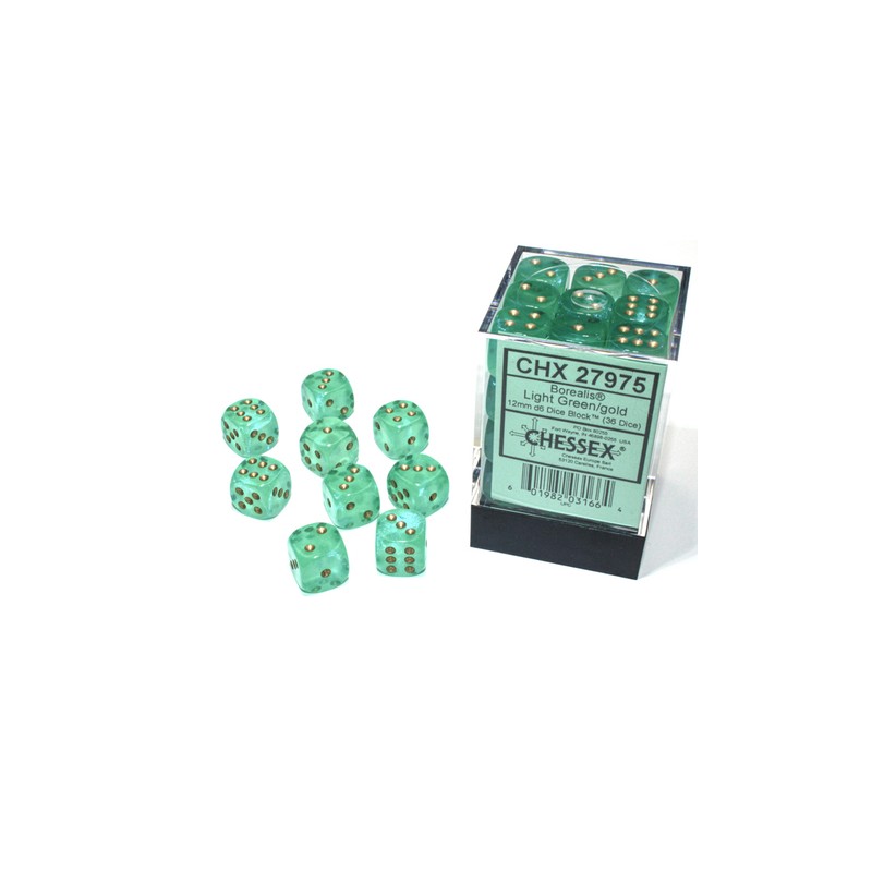 Borealis® 12mm d6 Light Green/gold Luminary™ Dice Block™ (36 dice)