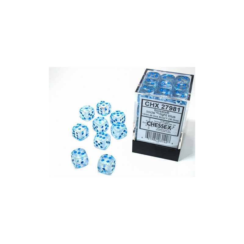 Borealis® 12mm d6 Icicle/Light Blue™ Dice Block™ (36 dice)